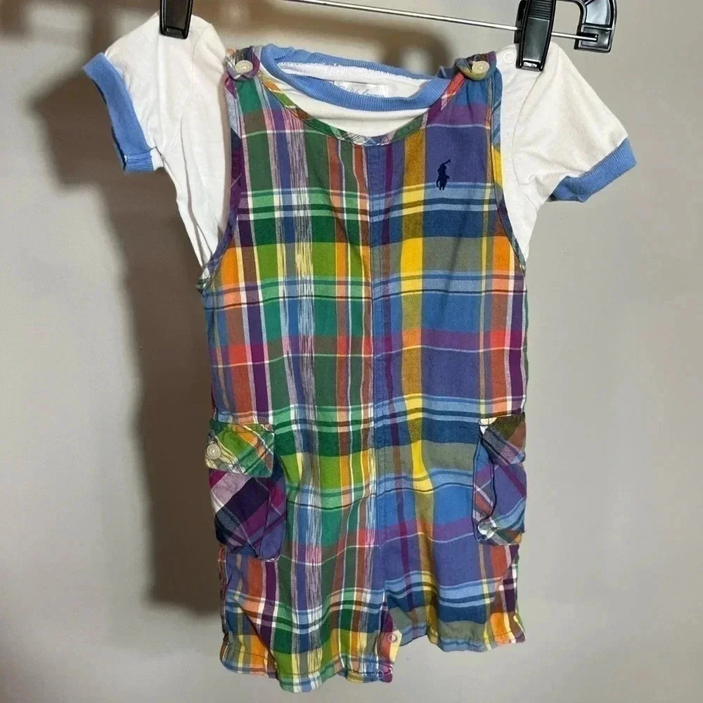 Ralph Lauren Baby plaid madras shortalls size 9 months